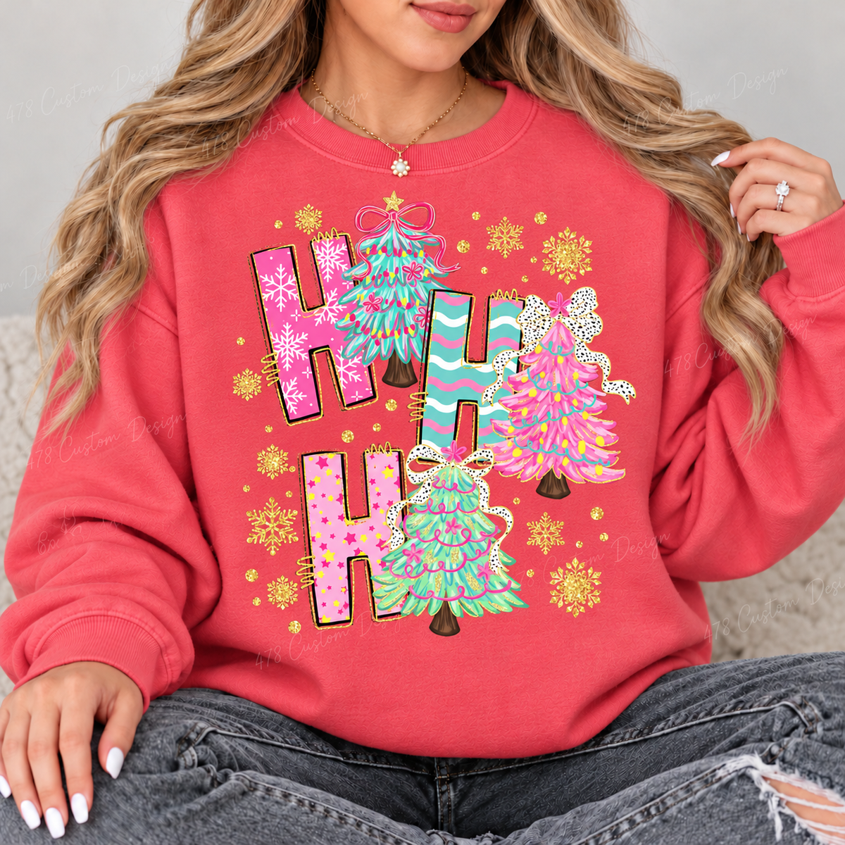 Ho Ho Ho Pastel Christmas Trees Top design on a Watermelon crewneck sweatshirt