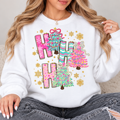 Ho Ho Ho Pastel Christmas Trees Top design on a White crewneck sweatshirt