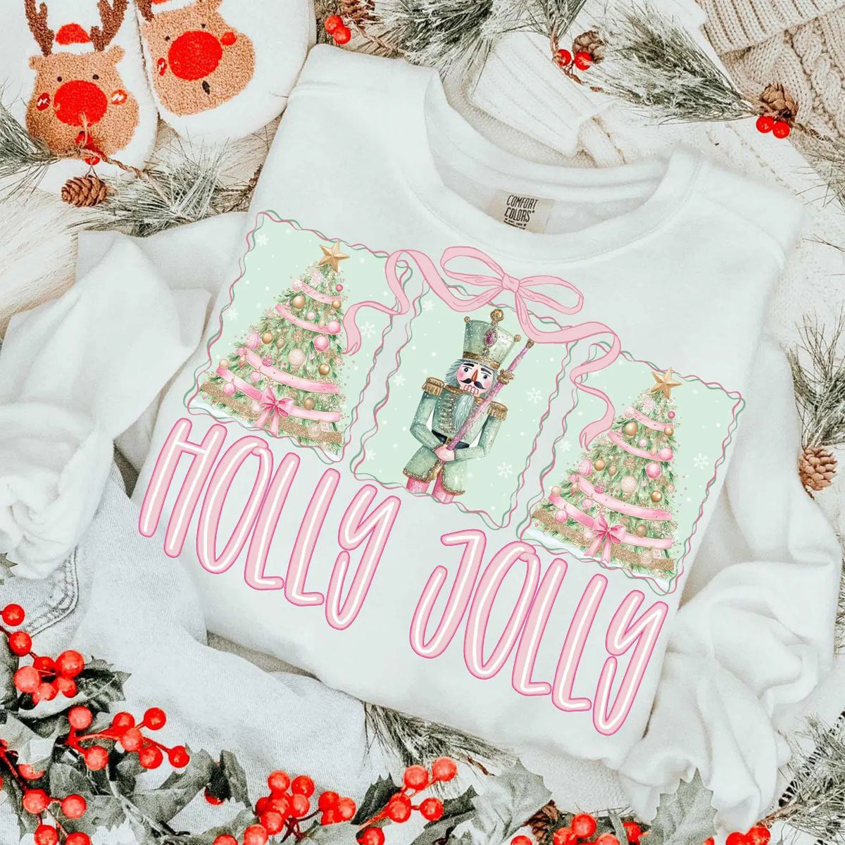 Holly Jolly Pink Bow Nutcracker Christmas Top — apparel mockup 2