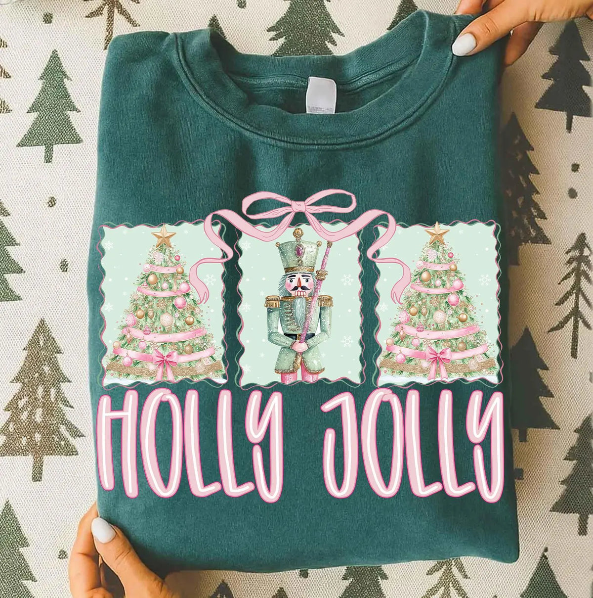 Holly Jolly Pink Bow Nutcracker Christmas Top — apparel mockup 3