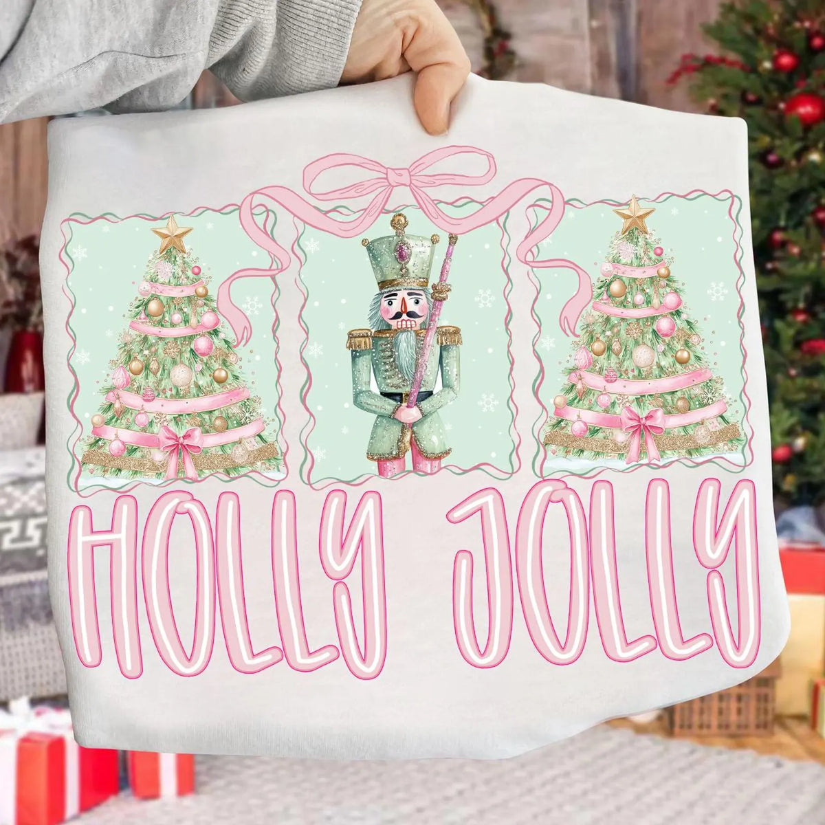Holly Jolly Pink Bow Nutcracker Christmas Top — apparel mockup 4