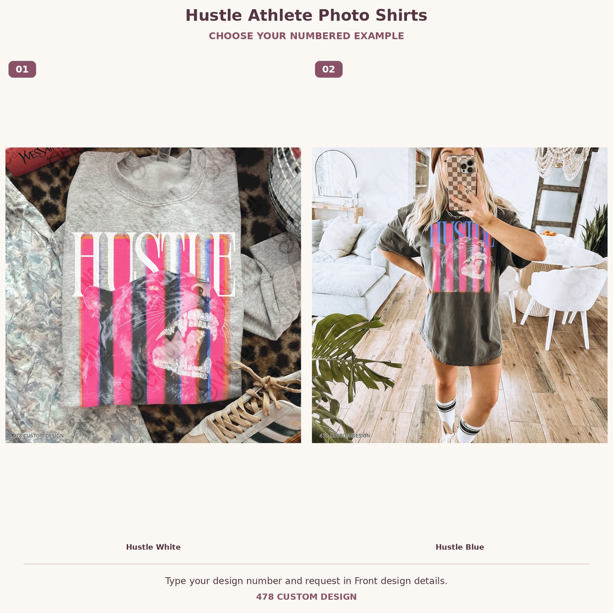 Custom Hustle Athlete Photo Shirts — Design Color Choices numbered garment examples and 478 Custom Design watermark