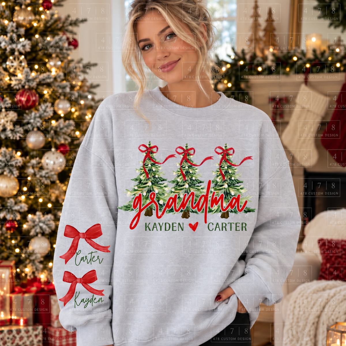 Personalized Grandma Christmas trees with front and sleeve names