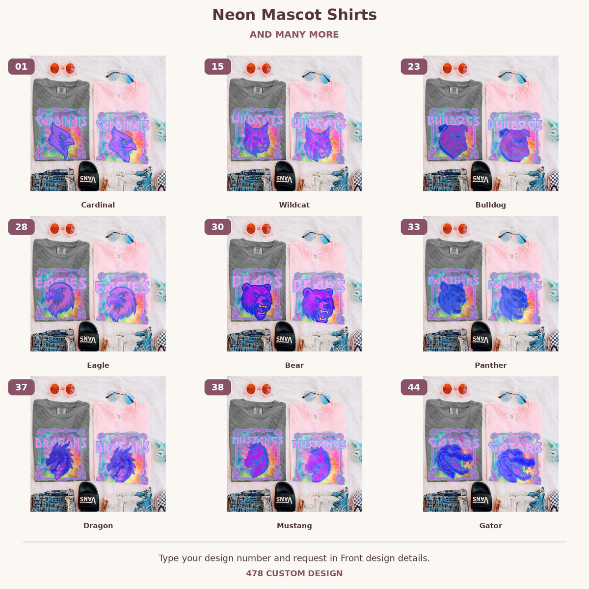 Custom Neon Mascot Shirts — Examples & Many More numbered garment examples and 478 Custom Design watermark