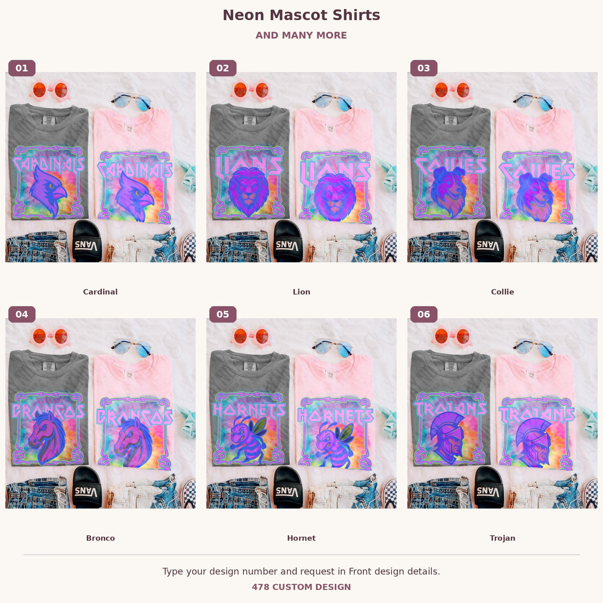 Custom Neon Mascot Shirts — Examples & Many More numbered examples 1 through 6 478 Custom Design watermarked garment mockups
