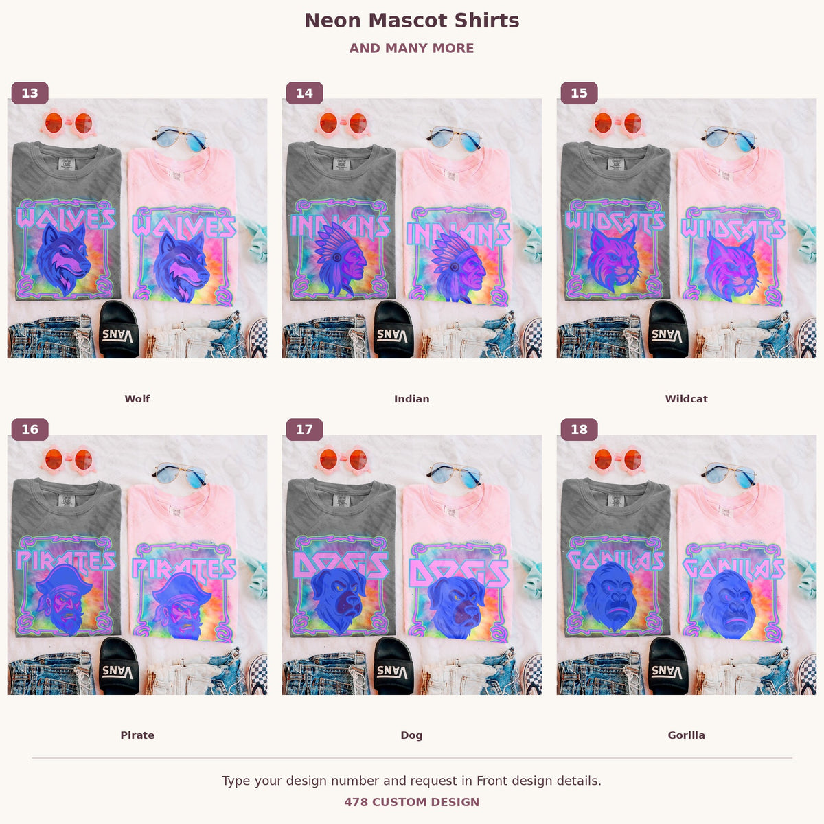 Custom Neon Mascot Shirts — Examples & Many More numbered examples 13 through 18 478 Custom Design watermarked garment mockups