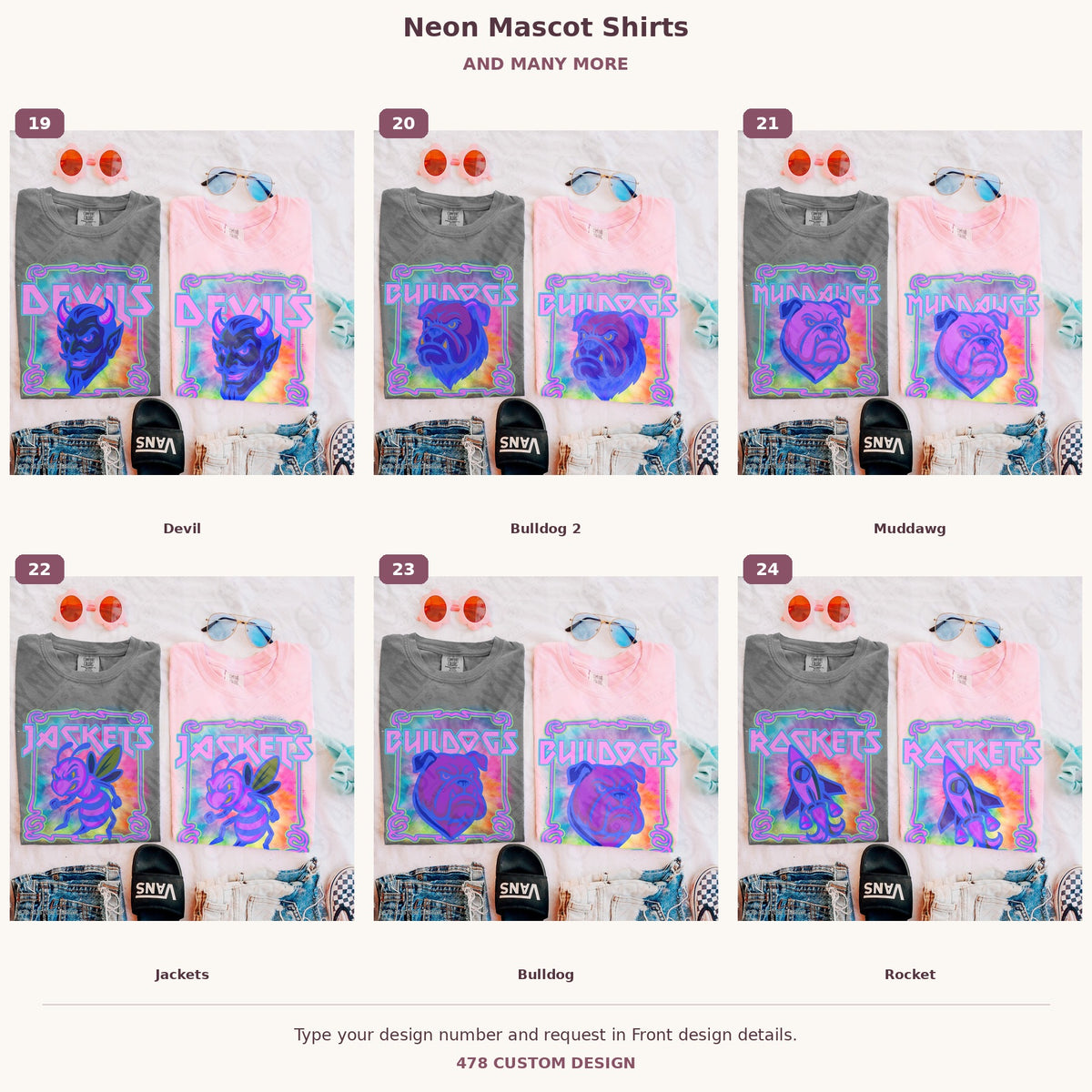 Custom Neon Mascot Shirts — Examples & Many More numbered examples 19 through 24 478 Custom Design watermarked garment mockups