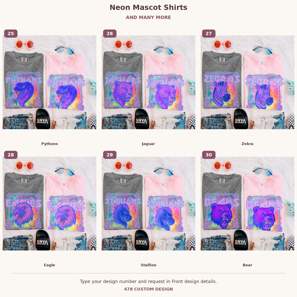 Custom Neon Mascot Shirts — Examples & Many More numbered examples 25 through 30 478 Custom Design watermarked garment mockups