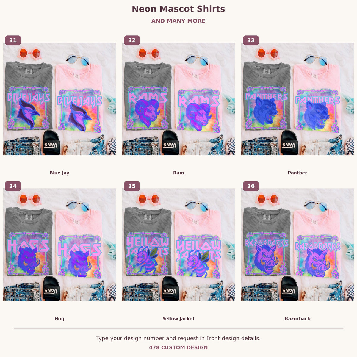 Custom Neon Mascot Shirts — Examples & Many More numbered examples 31 through 36 478 Custom Design watermarked garment mockups