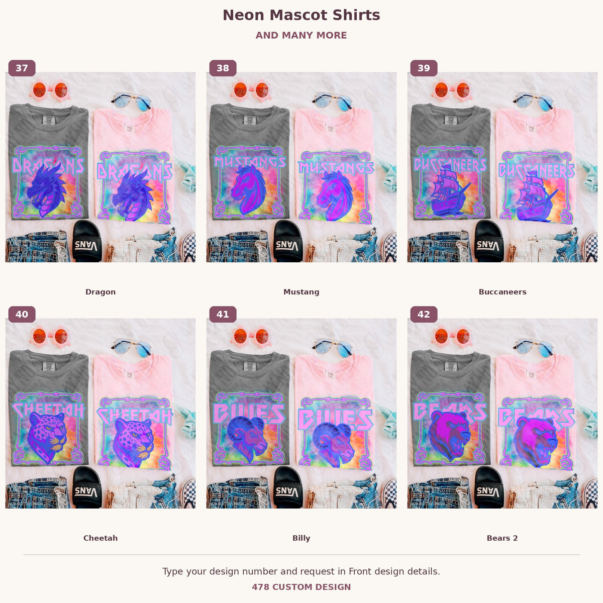 Custom Neon Mascot Shirts — Examples & Many More numbered examples 37 through 42 478 Custom Design watermarked garment mockups