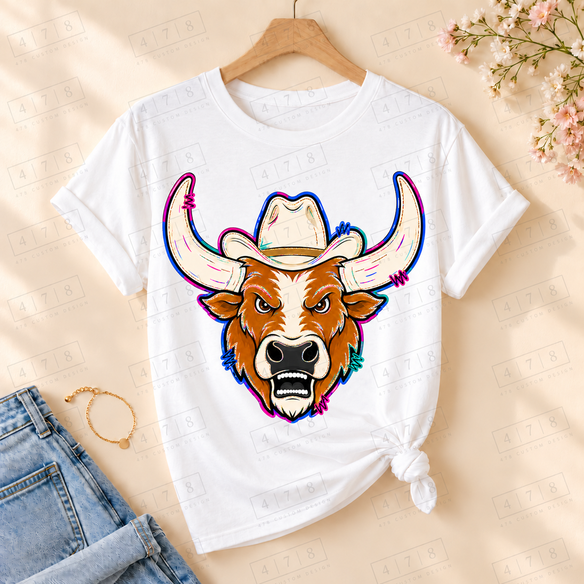 Neon outline cowboy hat longhorn design on white knotted T-shirt with 478 watermark