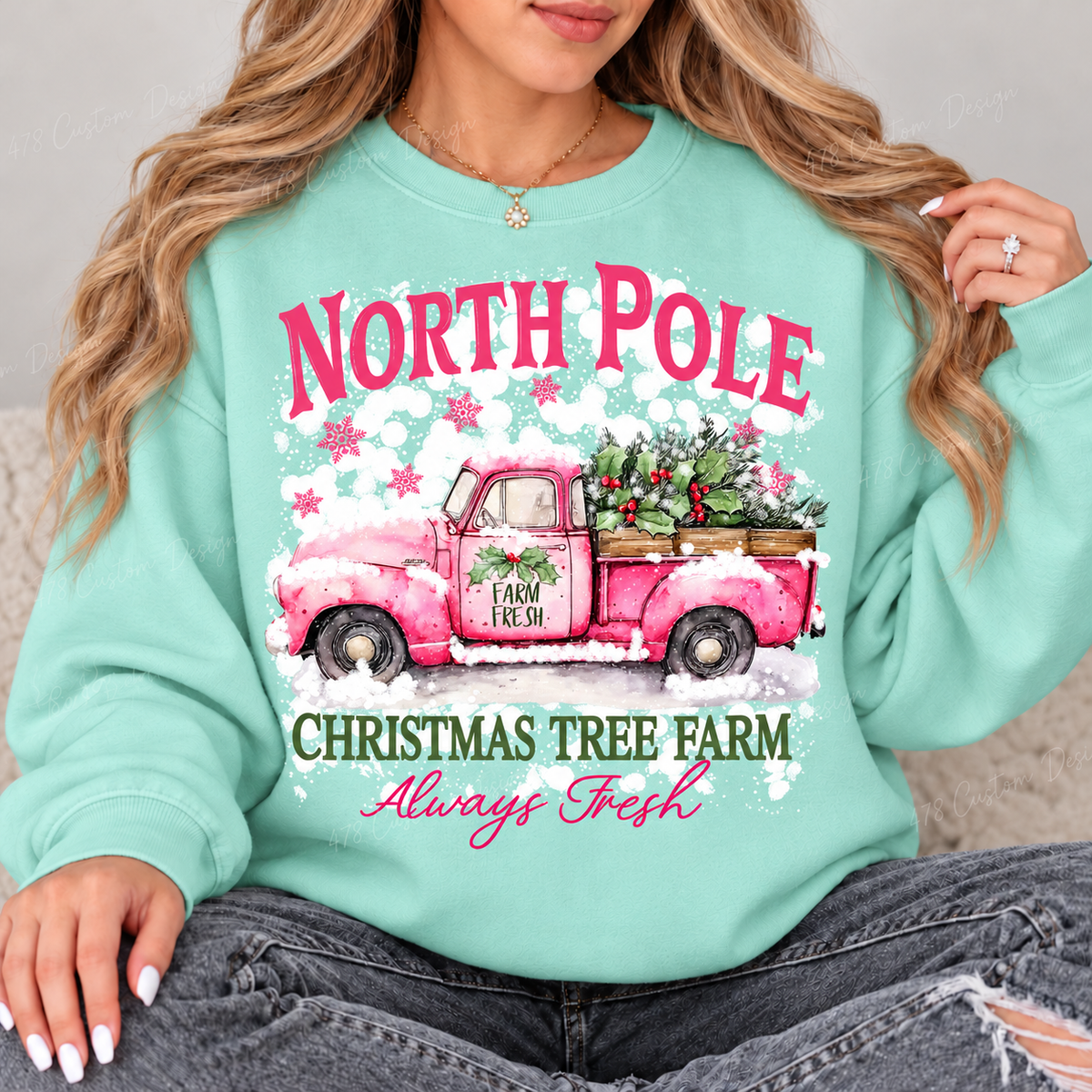North Pole Pink Truck Christmas Tree Farm Top design on a Chalky Mint crewneck sweatshirt