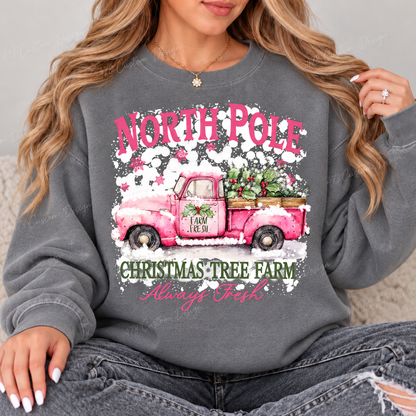 North Pole Pink Truck Christmas Tree Farm Top design on a Grey crewneck sweatshirt