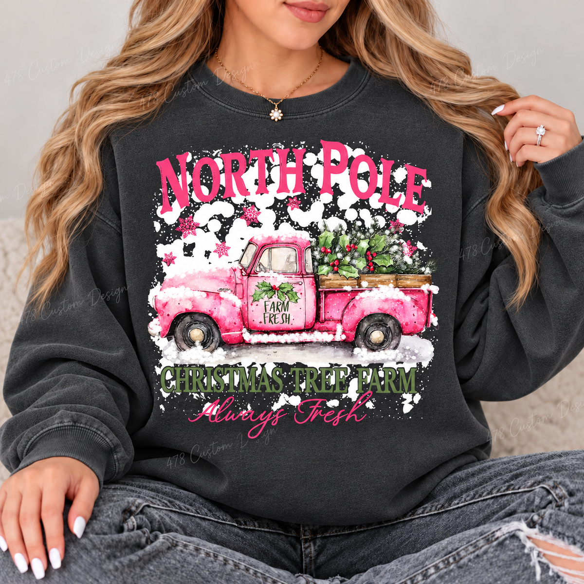 North Pole Pink Truck Christmas Tree Farm Top design on a Pepper crewneck sweatshirt