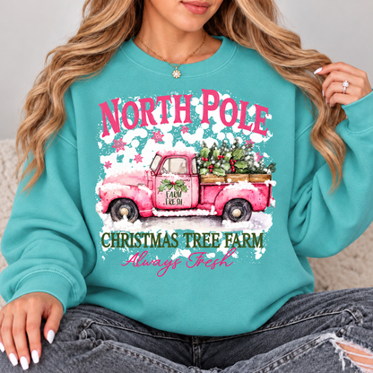 North Pole Pink Truck Christmas Tree Farm Top design on a Seafoam crewneck sweatshirt