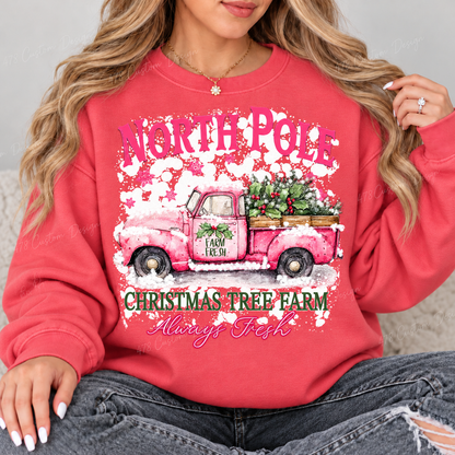 North Pole Pink Truck Christmas Tree Farm Top design on a Watermelon crewneck sweatshirt