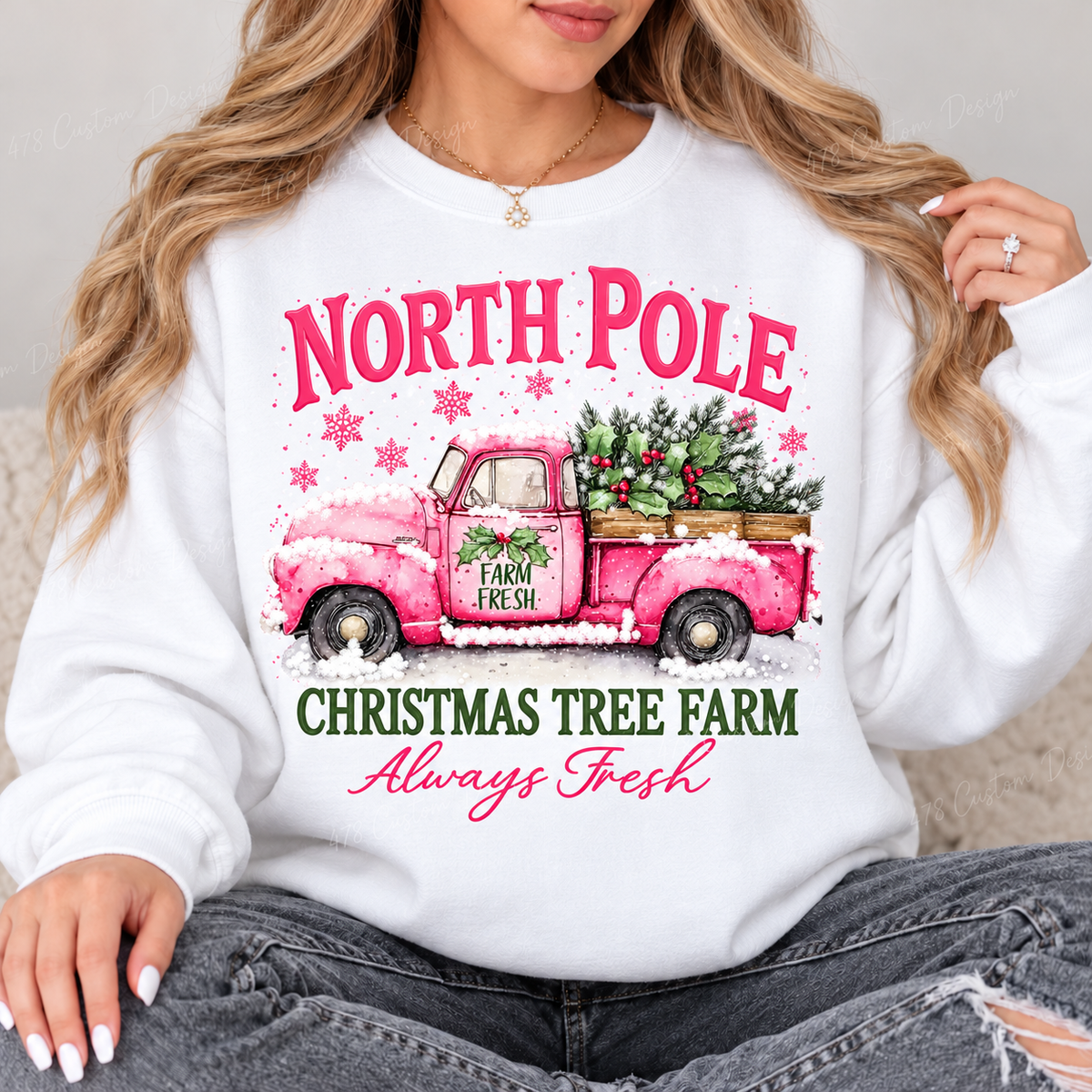 North Pole Pink Truck Christmas Tree Farm Top design on a White crewneck sweatshirt