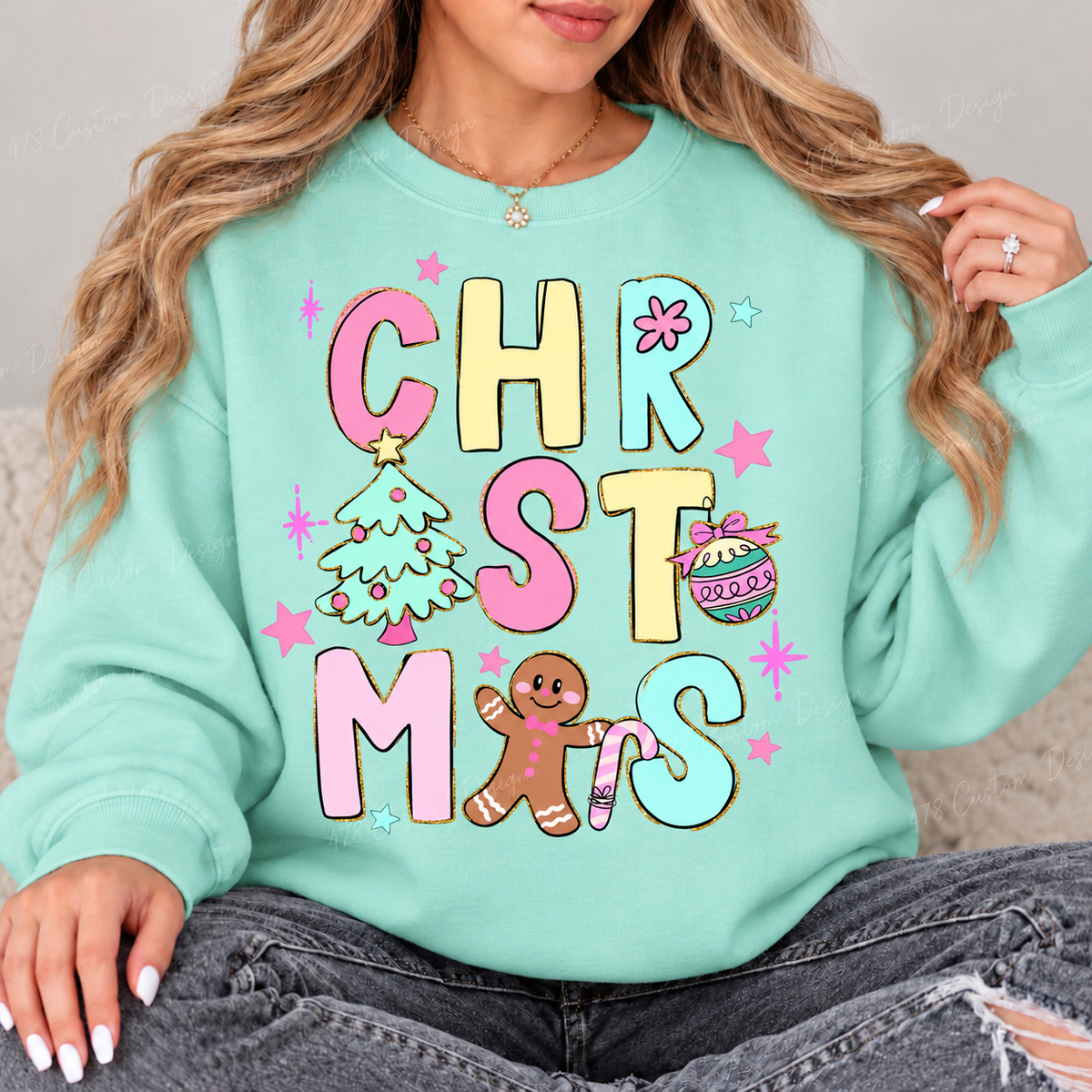Pastel Christmas Doodles Top design on a Chalky Mint crewneck sweatshirt