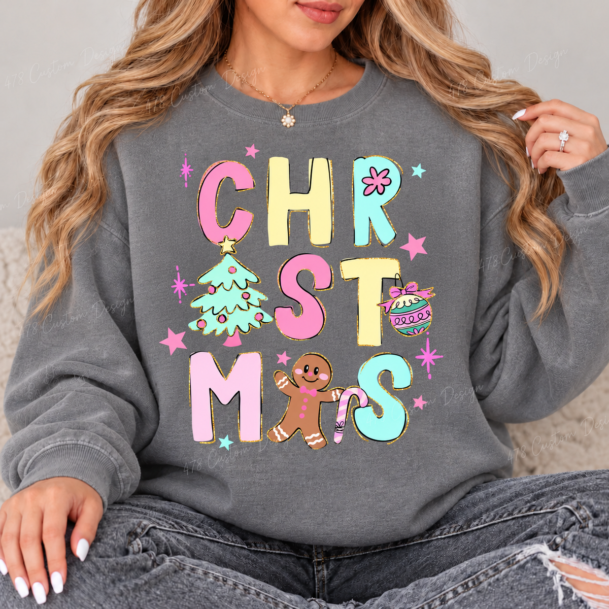 Pastel Christmas Doodles Top design on a Grey crewneck sweatshirt
