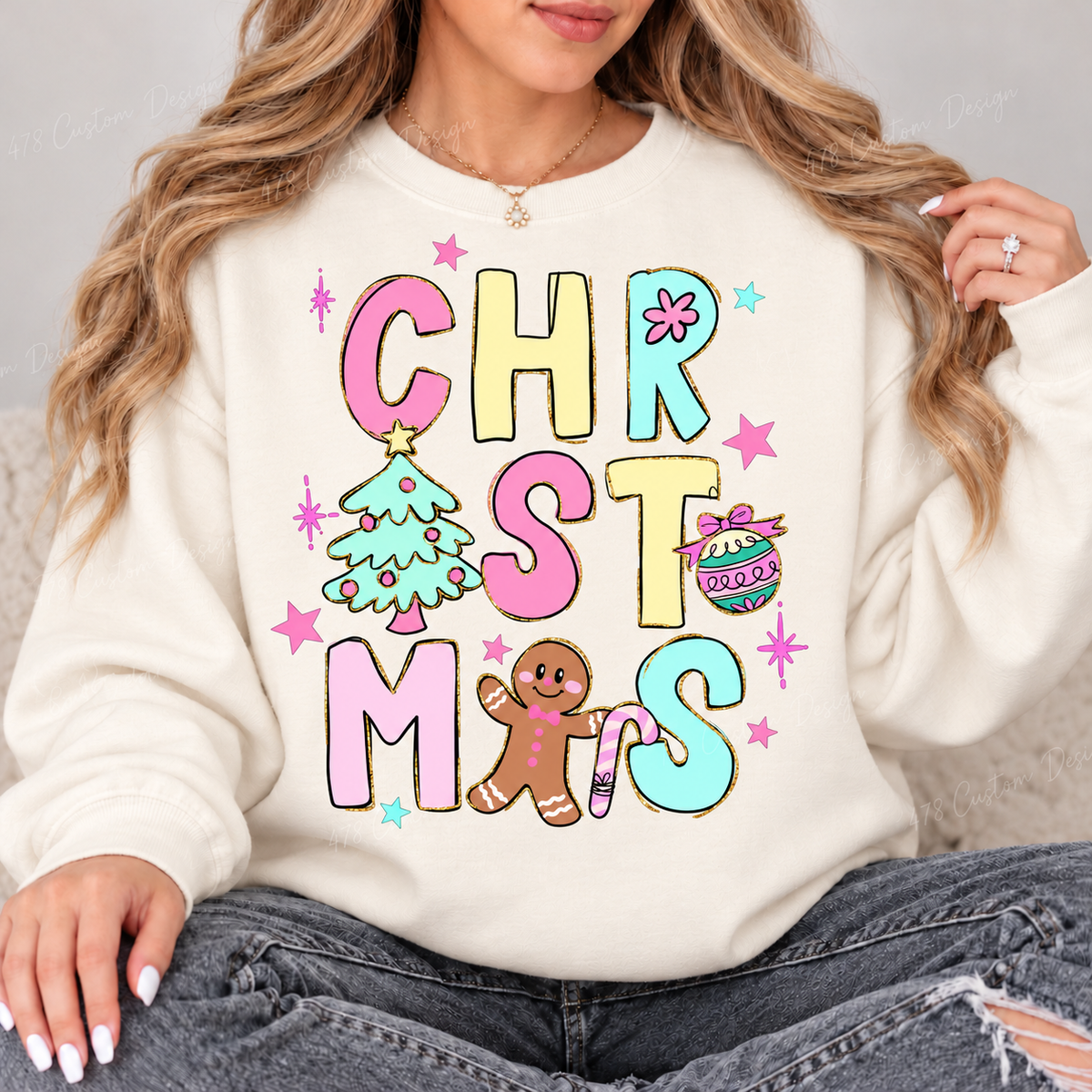 Pastel Christmas Doodles Top design on a Ivory crewneck sweatshirt
