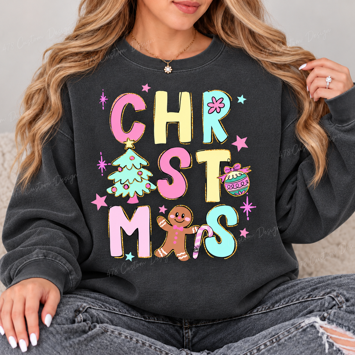 Pastel Christmas Doodles Top design on a Pepper crewneck sweatshirt