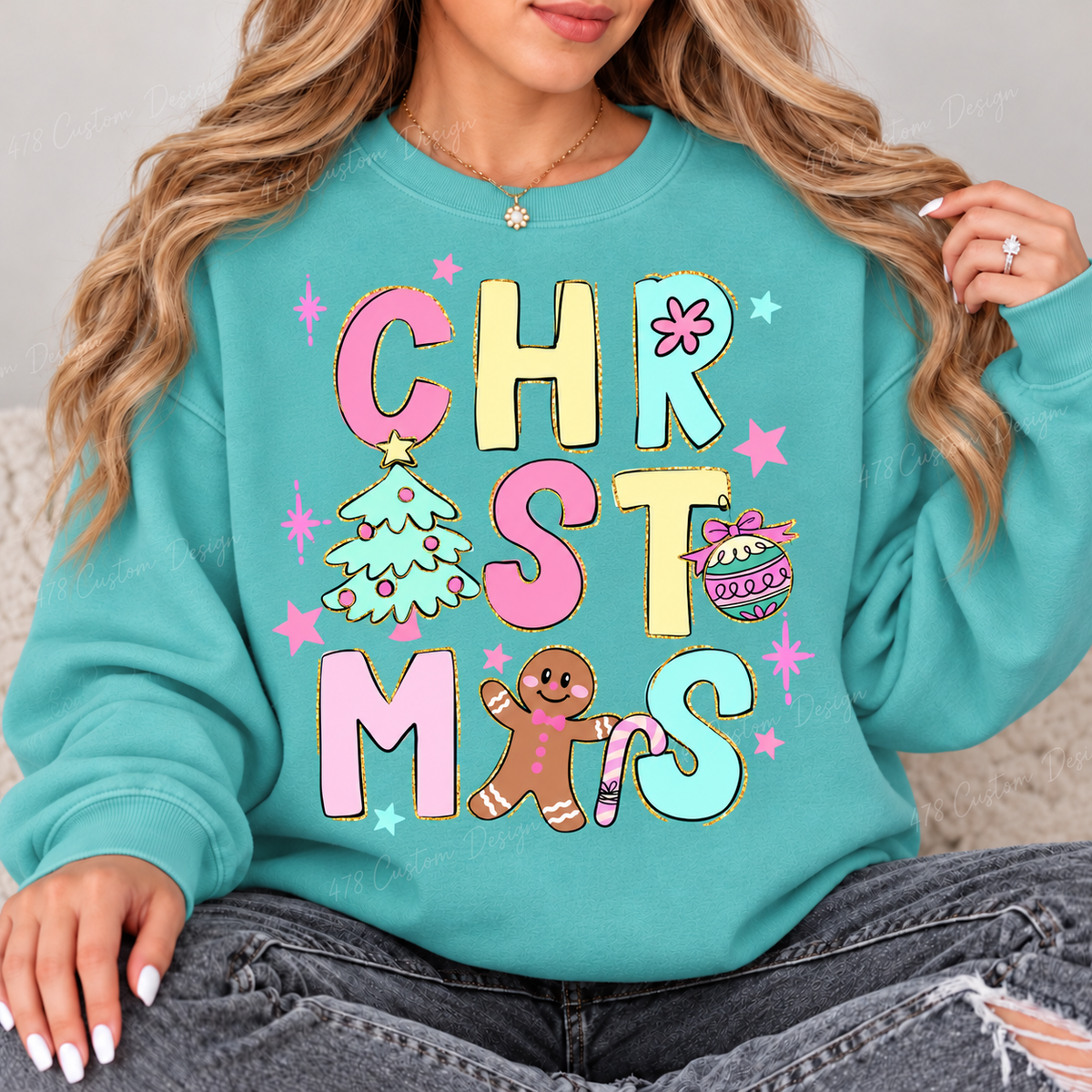 Pastel Christmas Doodles Top design on a Seafoam crewneck sweatshirt