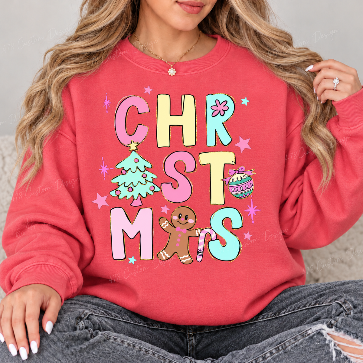 Pastel Christmas Doodles Top design on a Watermelon crewneck sweatshirt