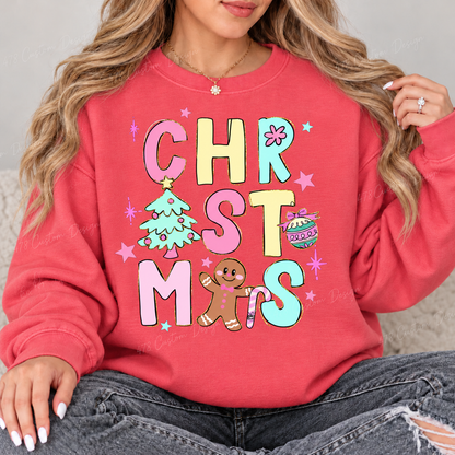 Pastel Christmas Doodles Top design on a Watermelon crewneck sweatshirt