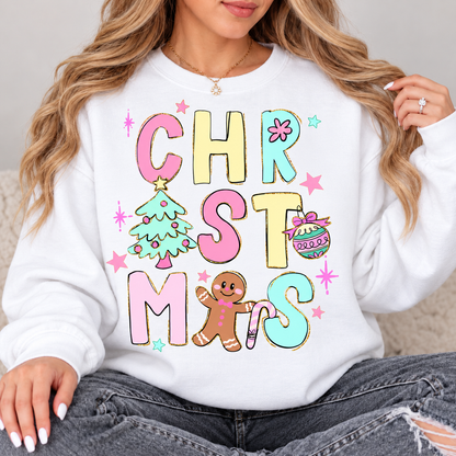 Pastel Christmas Doodles Top design on a White crewneck sweatshirt