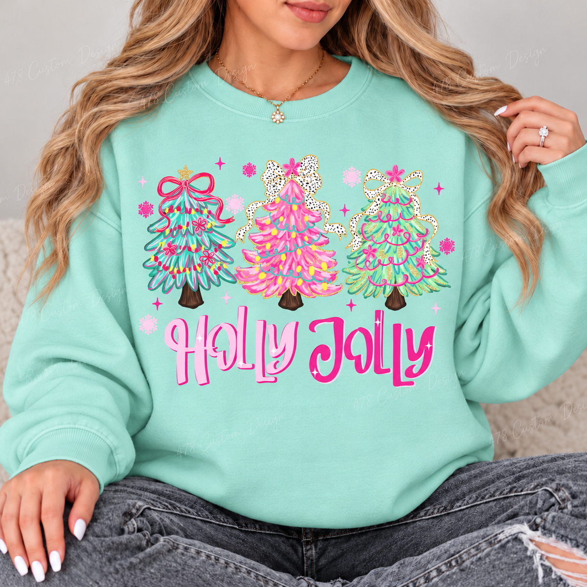 Pastel Holly Jolly Christmas Trees Top design on a Chalky Mint crewneck sweatshirt