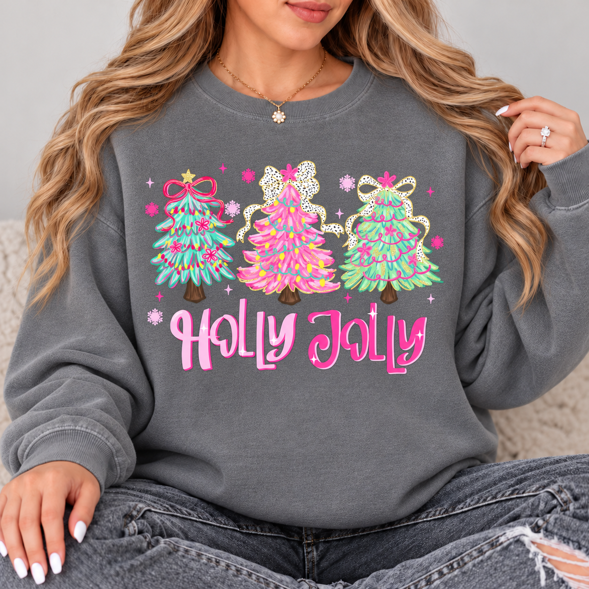 Pastel Holly Jolly Christmas Trees Top design on a Grey crewneck sweatshirt