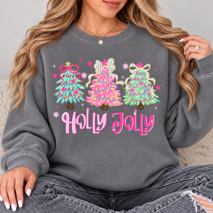 Pastel Holly Jolly Christmas Trees Top design on a Grey crewneck sweatshirt