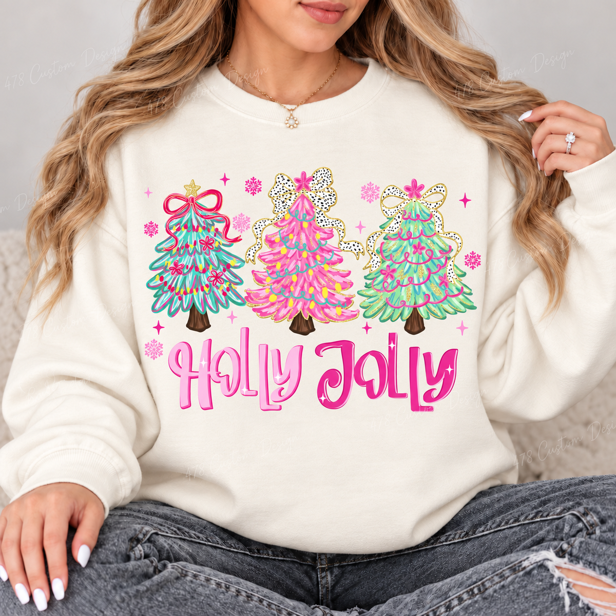 Pastel Holly Jolly Christmas Trees Top design on a Ivory crewneck sweatshirt