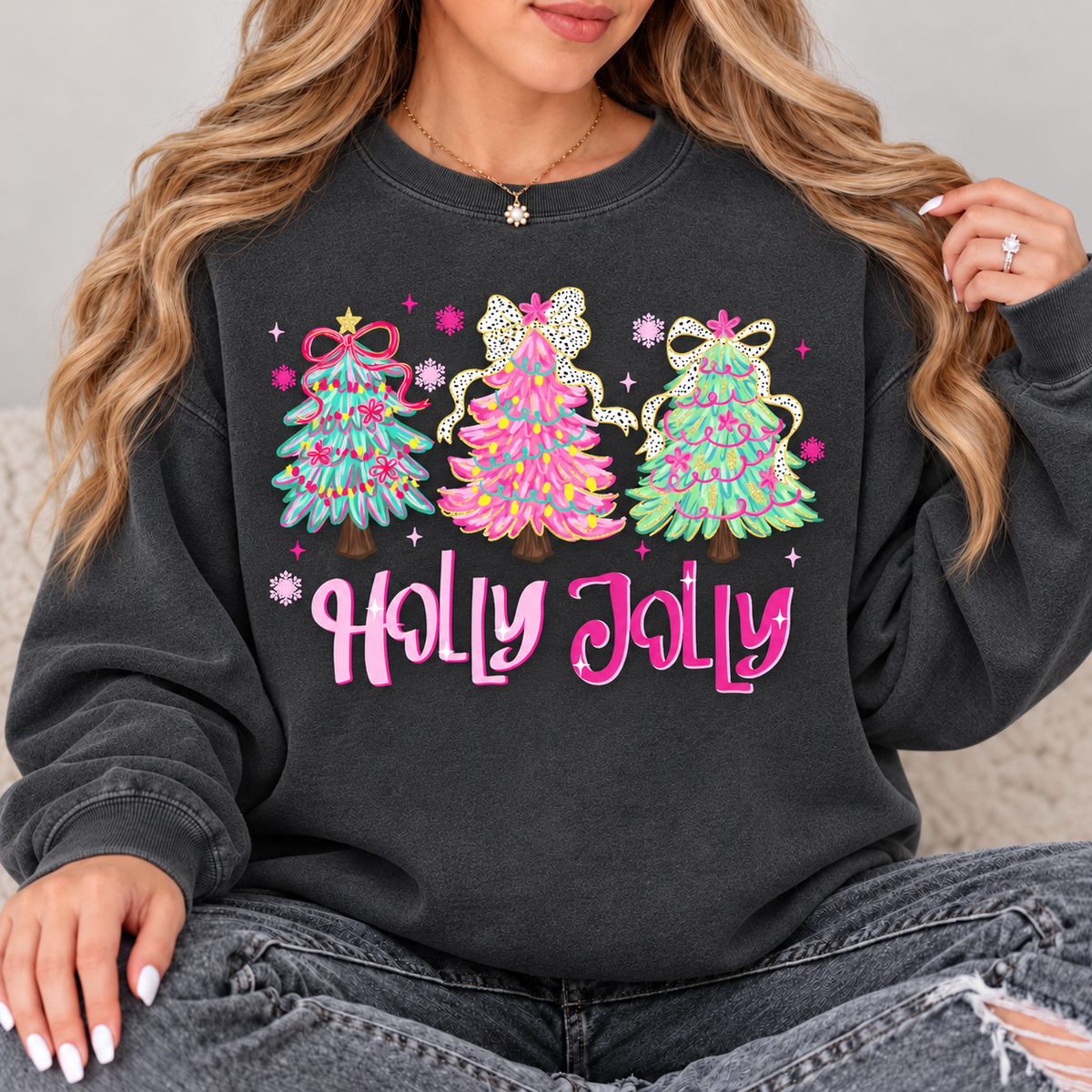 Pastel Holly Jolly Christmas Trees Top design on a Pepper crewneck sweatshirt