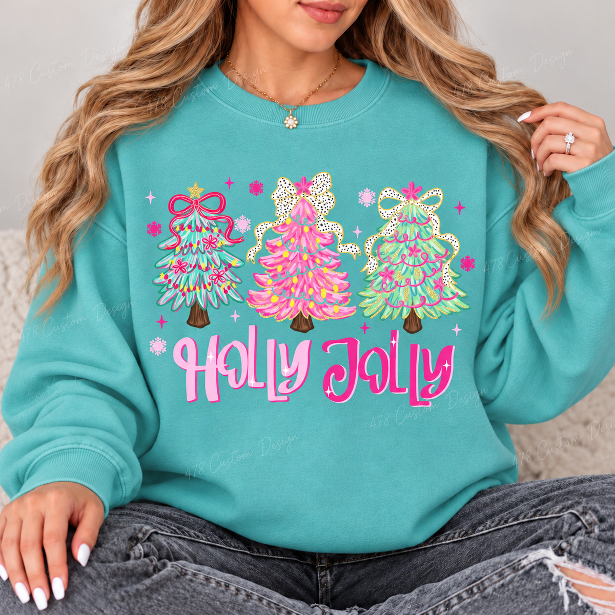 Pastel Holly Jolly Christmas Trees Top design on a Seafoam crewneck sweatshirt