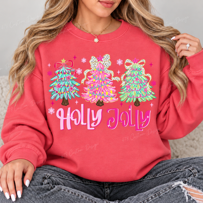 Pastel Holly Jolly Christmas Trees Top design on a Watermelon crewneck sweatshirt