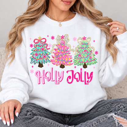 Pastel Holly Jolly Christmas Trees Top design on a White crewneck sweatshirt