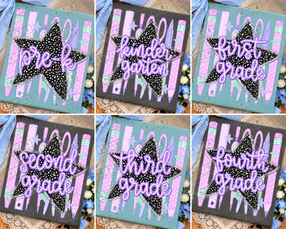 Pastel school supplies notebook star grade choices: Pre-K, Kindergarten, First Grade, Second Grade, Third Grade and Fourth Grade