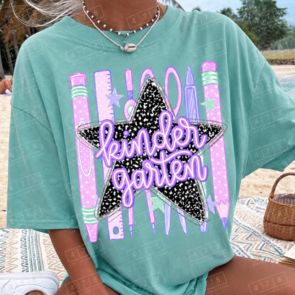 Kindergarten pastel school supplies notebook star design — seafoam T-shirt