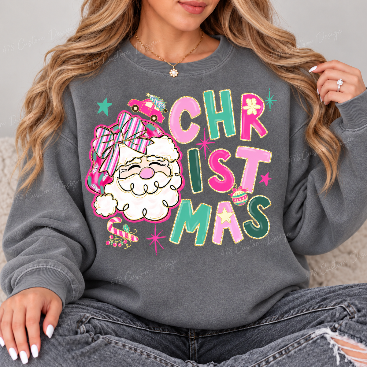 Pastel Santa Christmas Top design on a Grey crewneck sweatshirt