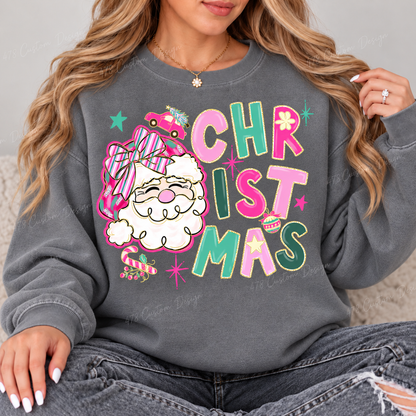 Pastel Santa Christmas Top design on a Grey crewneck sweatshirt