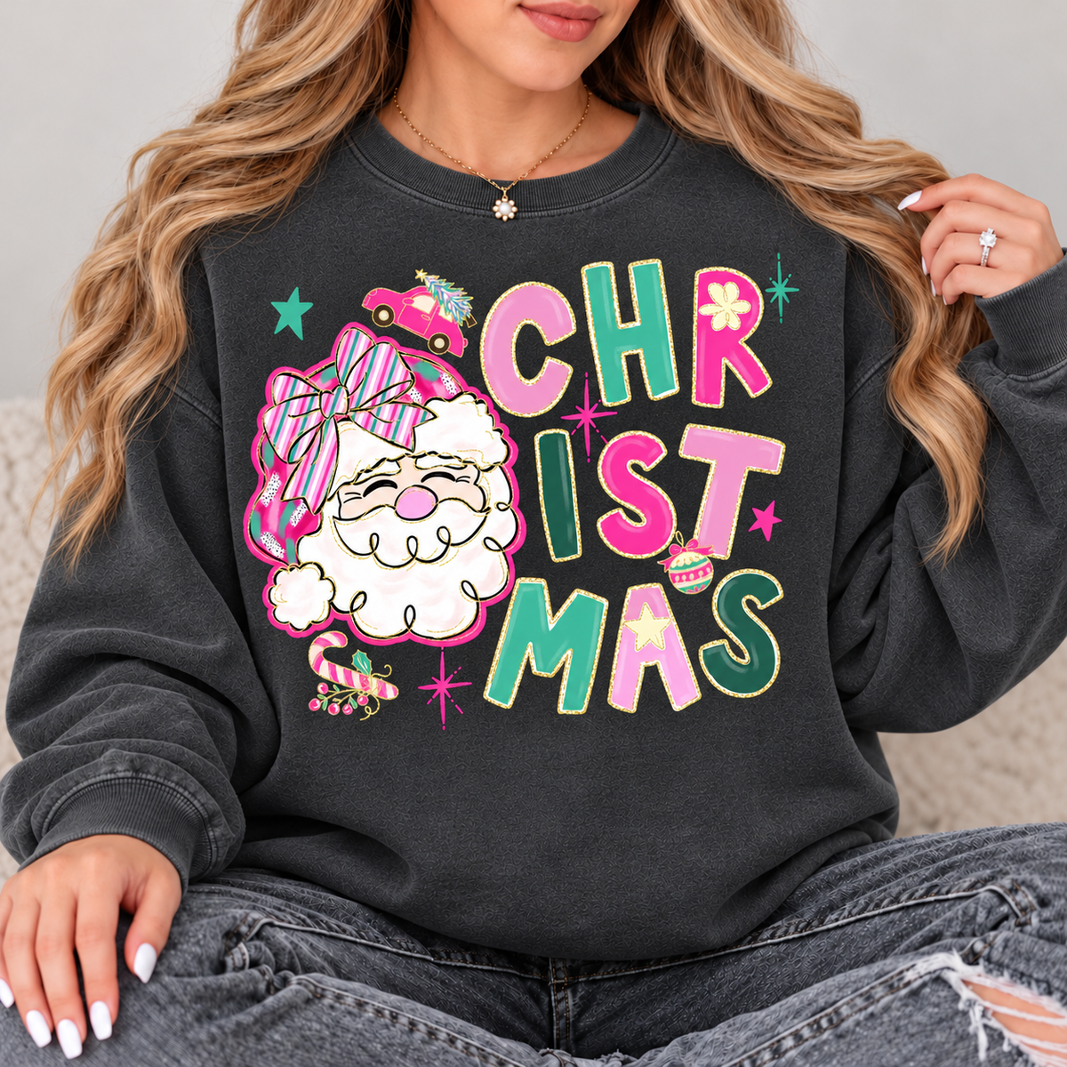 Pastel Santa Christmas Top design on a Pepper crewneck sweatshirt