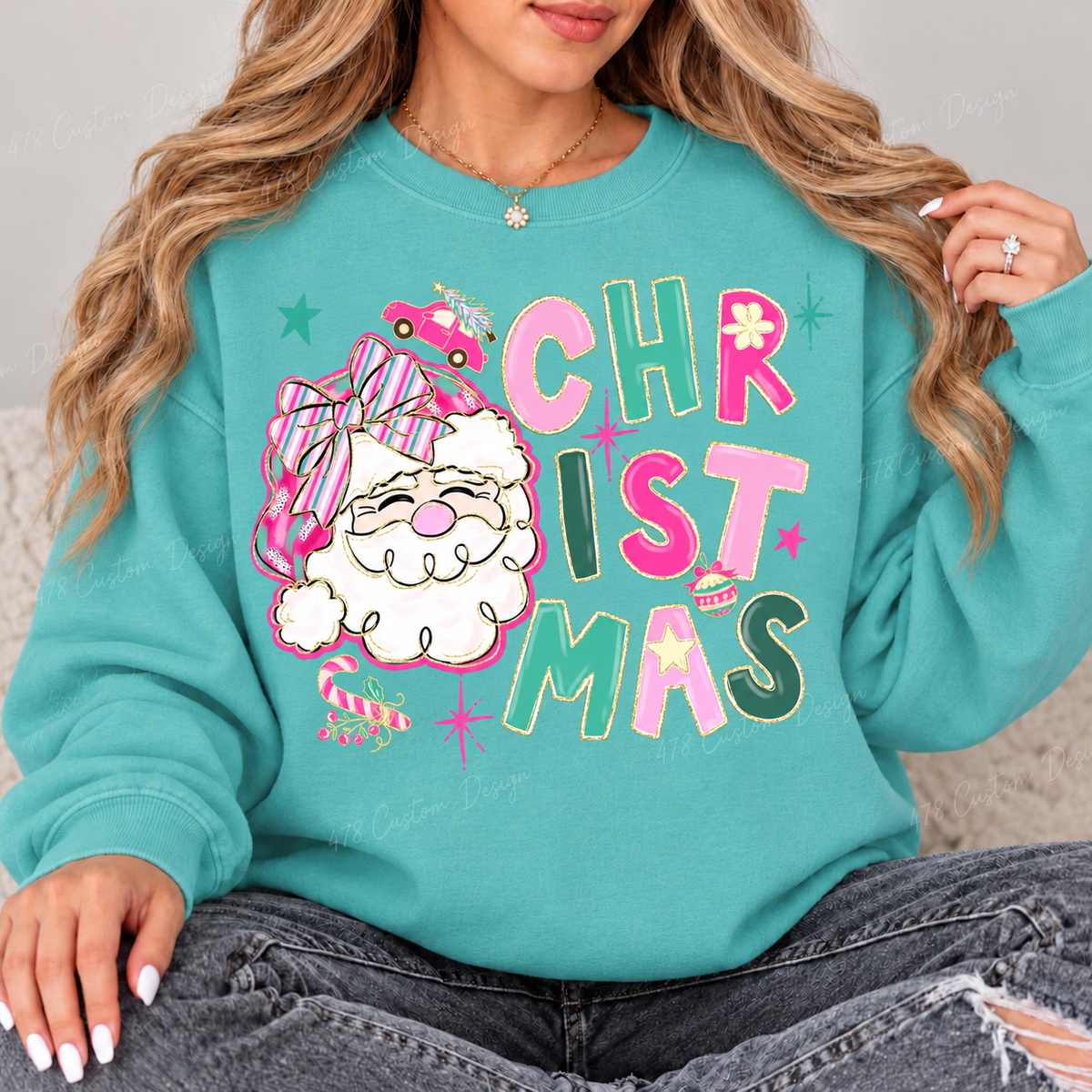 Pastel Santa Christmas Top design on a Seafoam crewneck sweatshirt