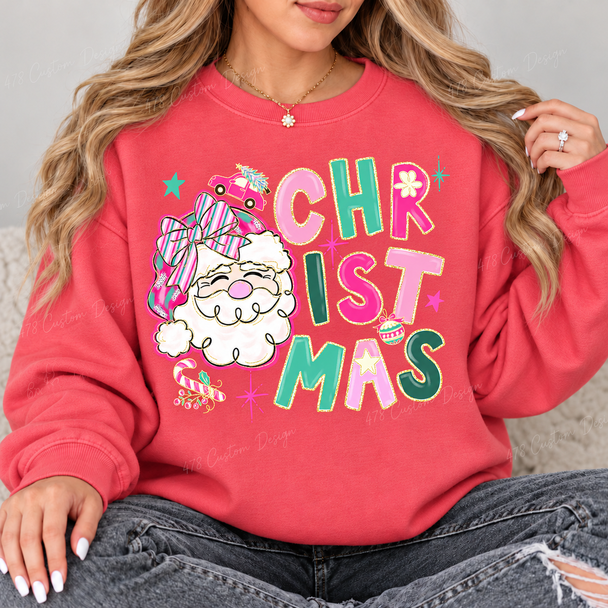 Pastel Santa Christmas Top design on a Watermelon crewneck sweatshirt