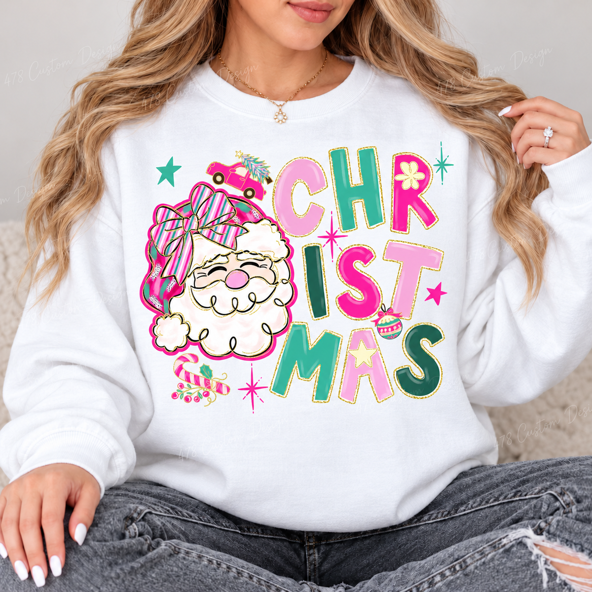 Pastel Santa Christmas Top design on a White crewneck sweatshirt