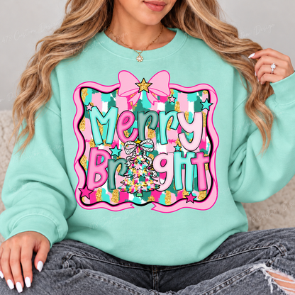 Pink Bow Merry and Bright Christmas Top design on a Chalky Mint crewneck sweatshirt