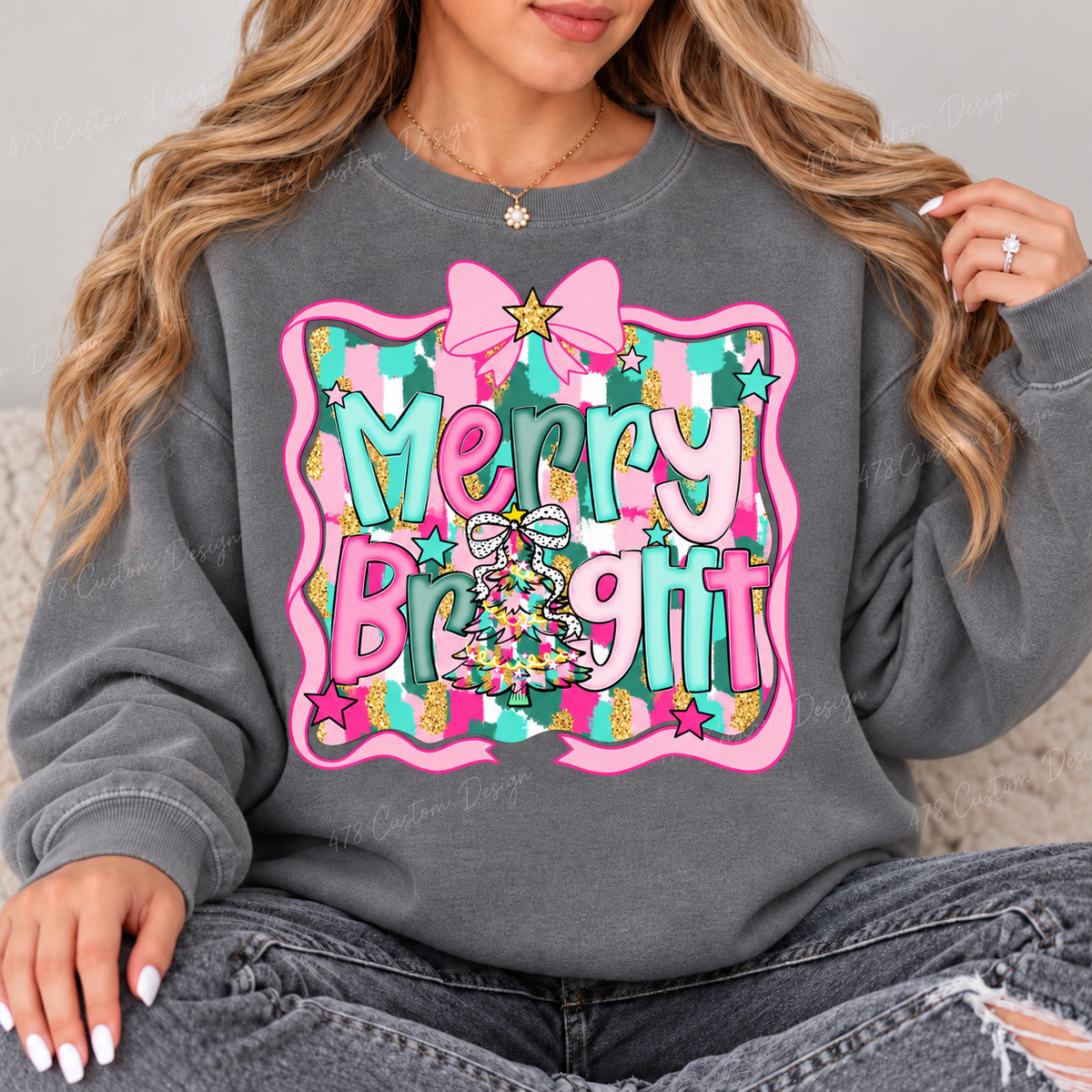 Pink Bow Merry and Bright Christmas Top design on a Grey crewneck sweatshirt