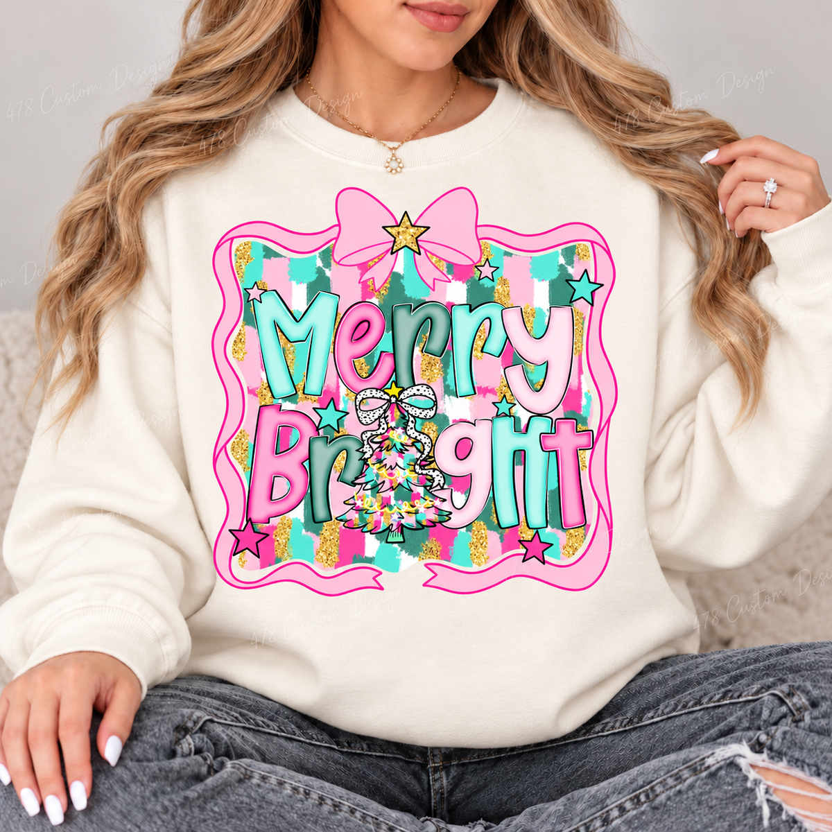 Pink Bow Merry and Bright Christmas Top design on a Ivory crewneck sweatshirt