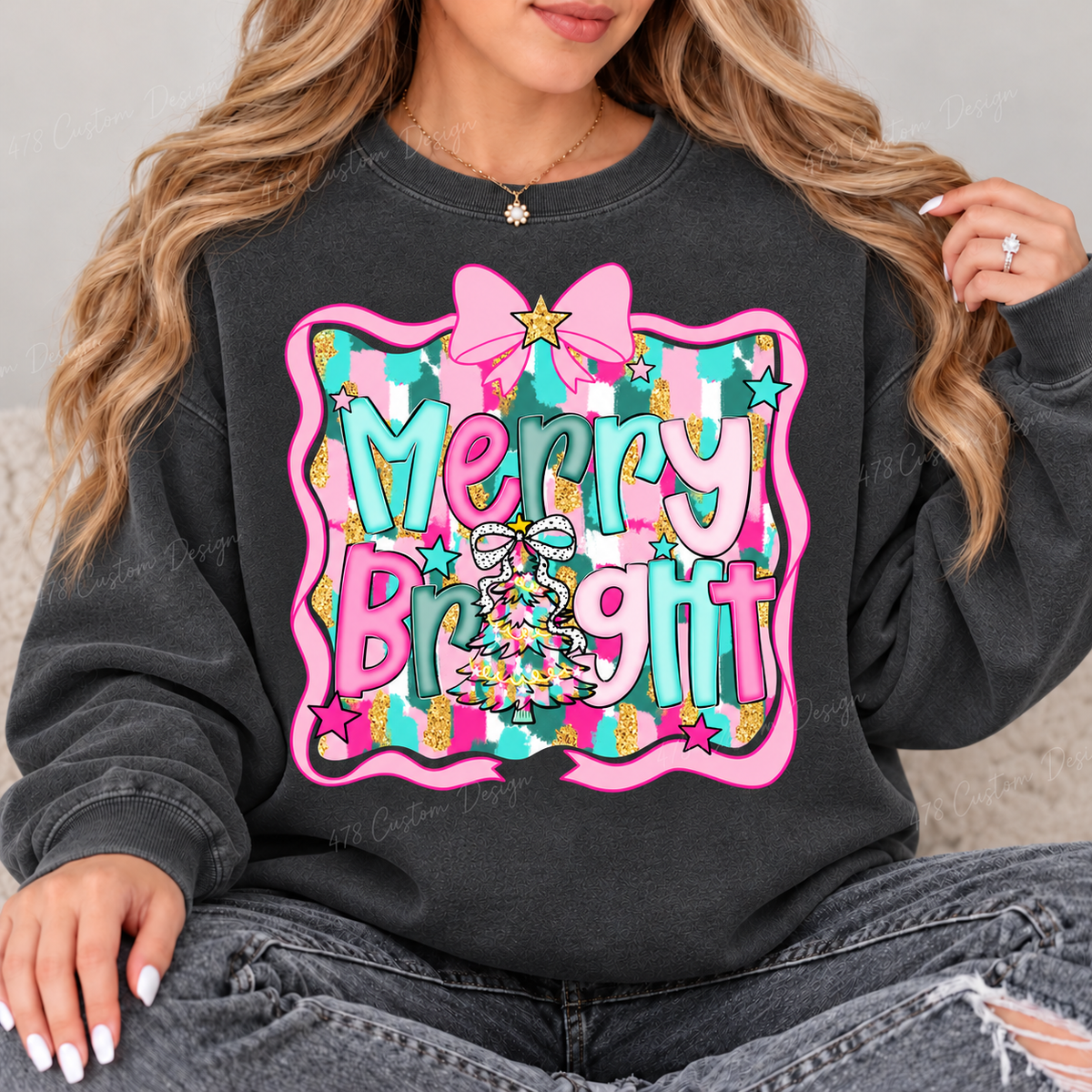 Pink Bow Merry and Bright Christmas Top design on a Pepper crewneck sweatshirt