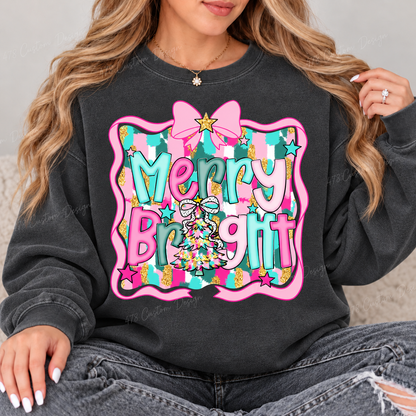 Pink Bow Merry and Bright Christmas Top design on a Pepper crewneck sweatshirt